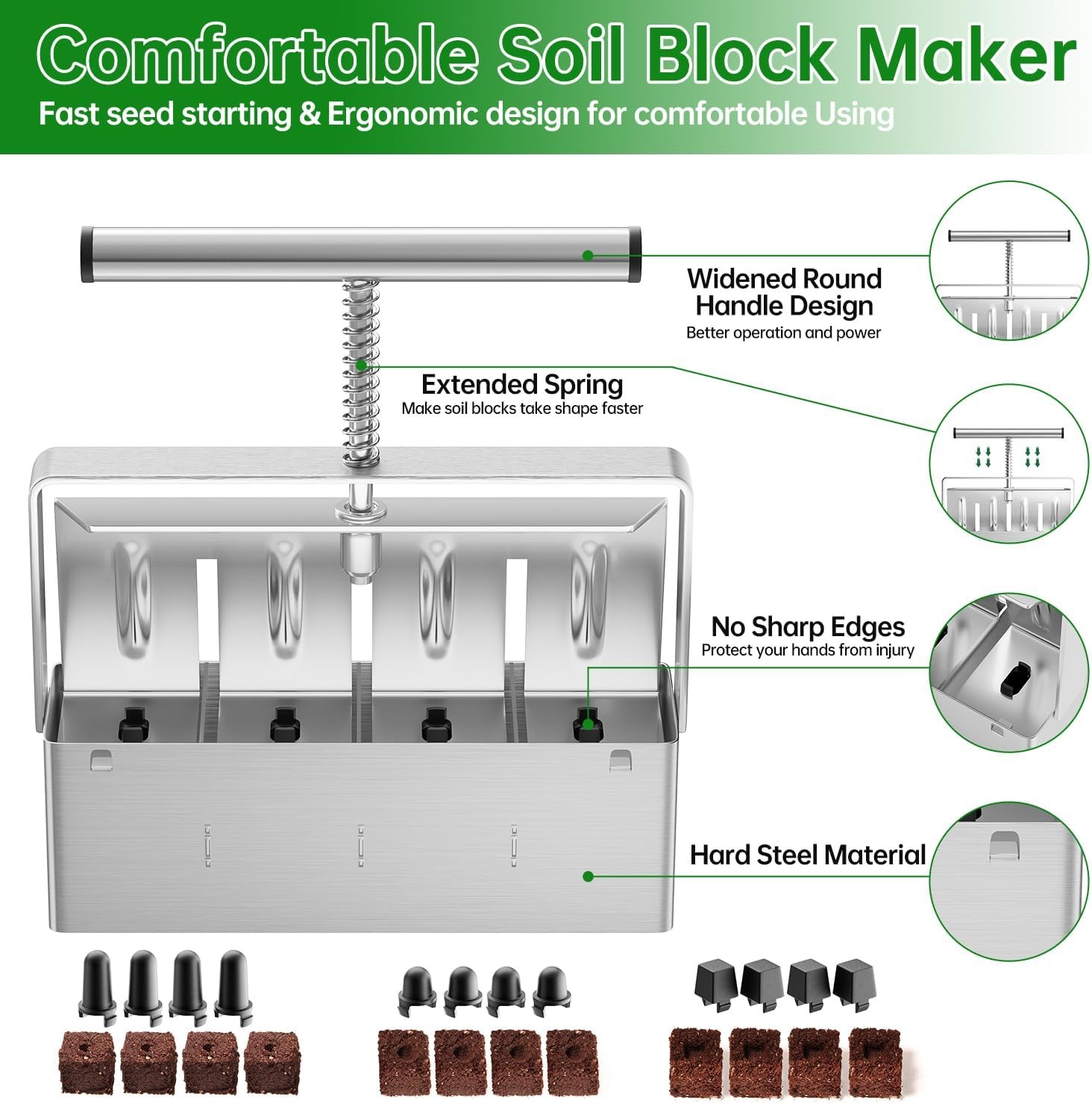Soil Blocker, 4 Cell Soil Block Maker 2 Inch with 3 Sizes Seed PinsSeed Handheld