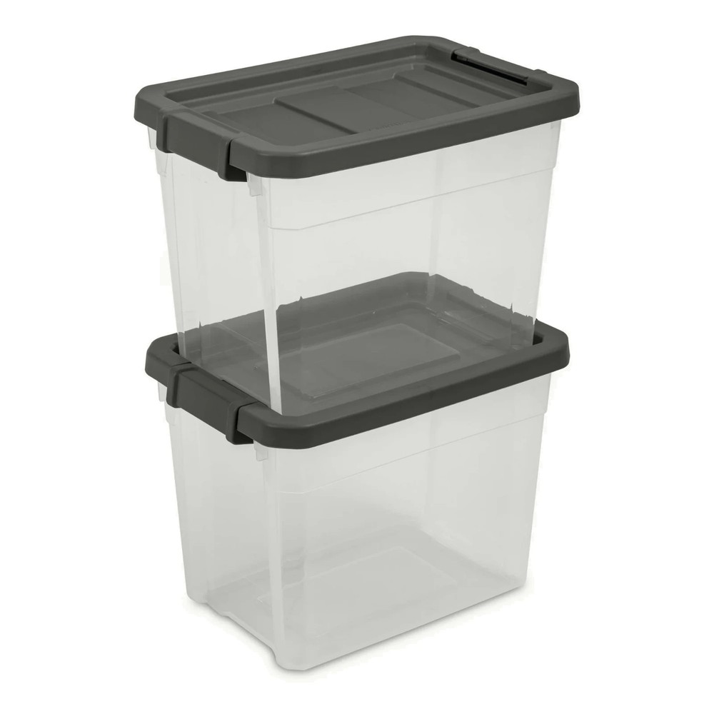 Sterilite 30 Qt Clear Stackable Storage Bin with Latch Lid, Dark Gray, 6 Pack