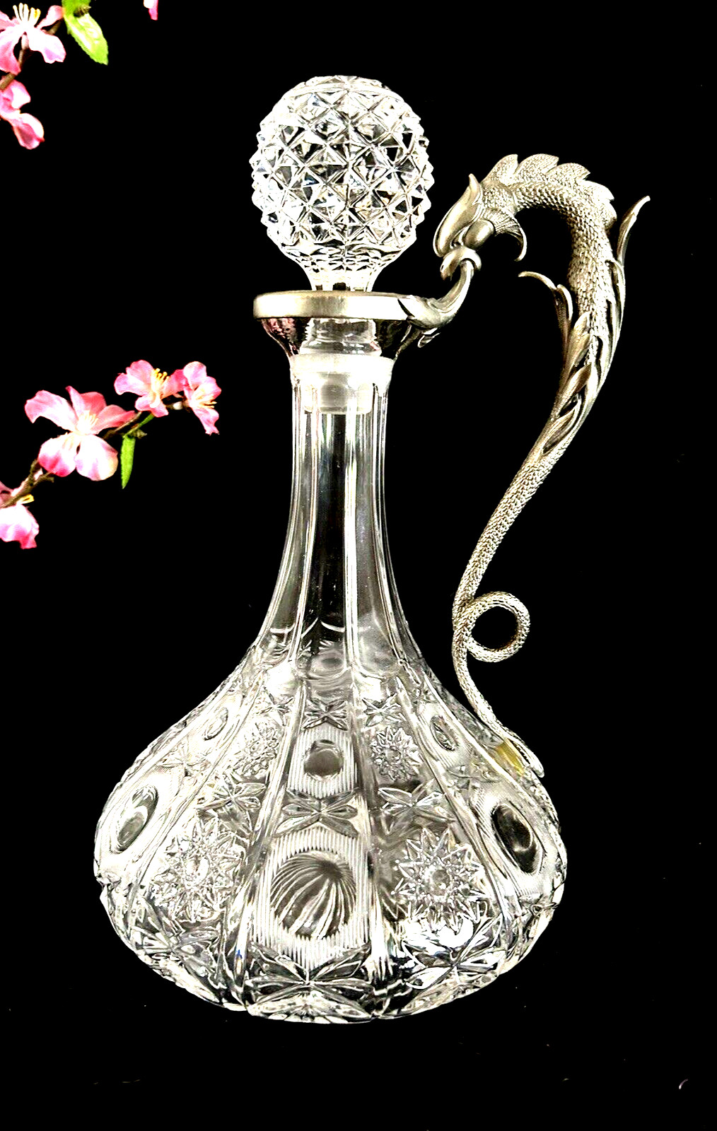 Glass Crystal Decanter Dragon Handle 11.5" Tall Italy