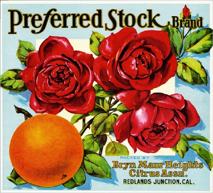 Redlands Junction Preferred Stock Roses Orange Citrus Fruit Crate Label Print
