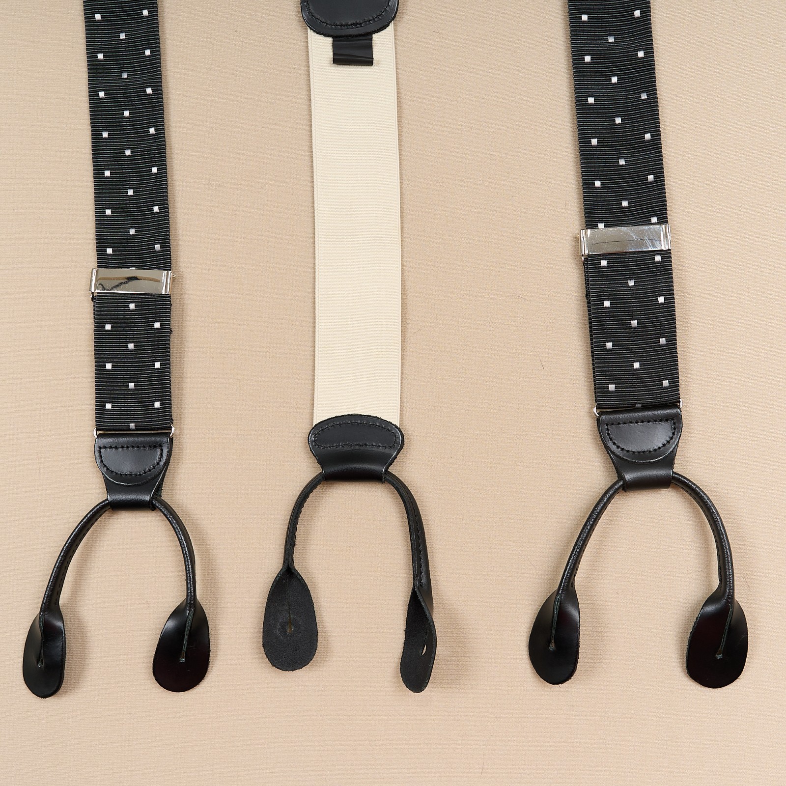JOS A BANK Suspenders Black Polka Dot Braces Leather Button Tabs Adjustable
