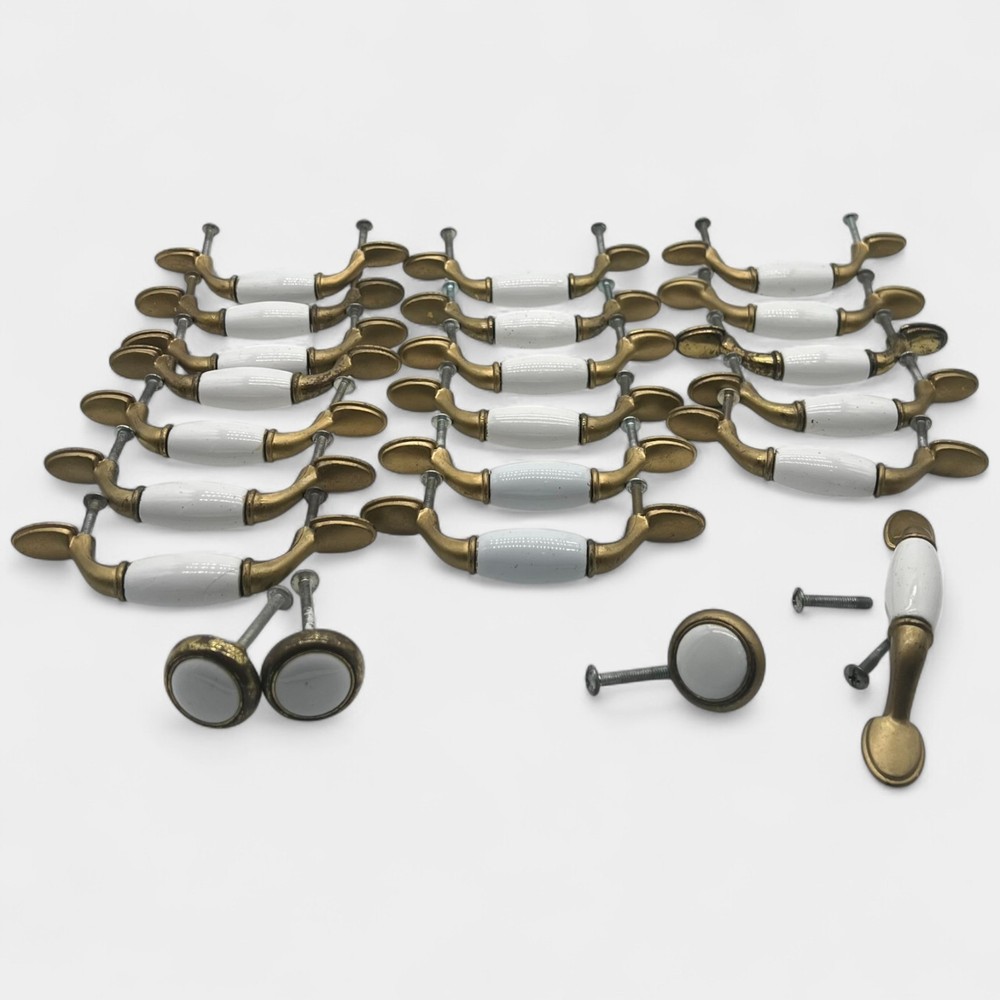 19 Vintage Brass plated & White Ceramic Drawer Pulls + 3 Matching Knobs