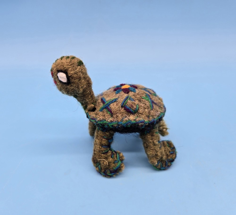 Tiny Felted Wool Turtle Figurine With Flower Handmade