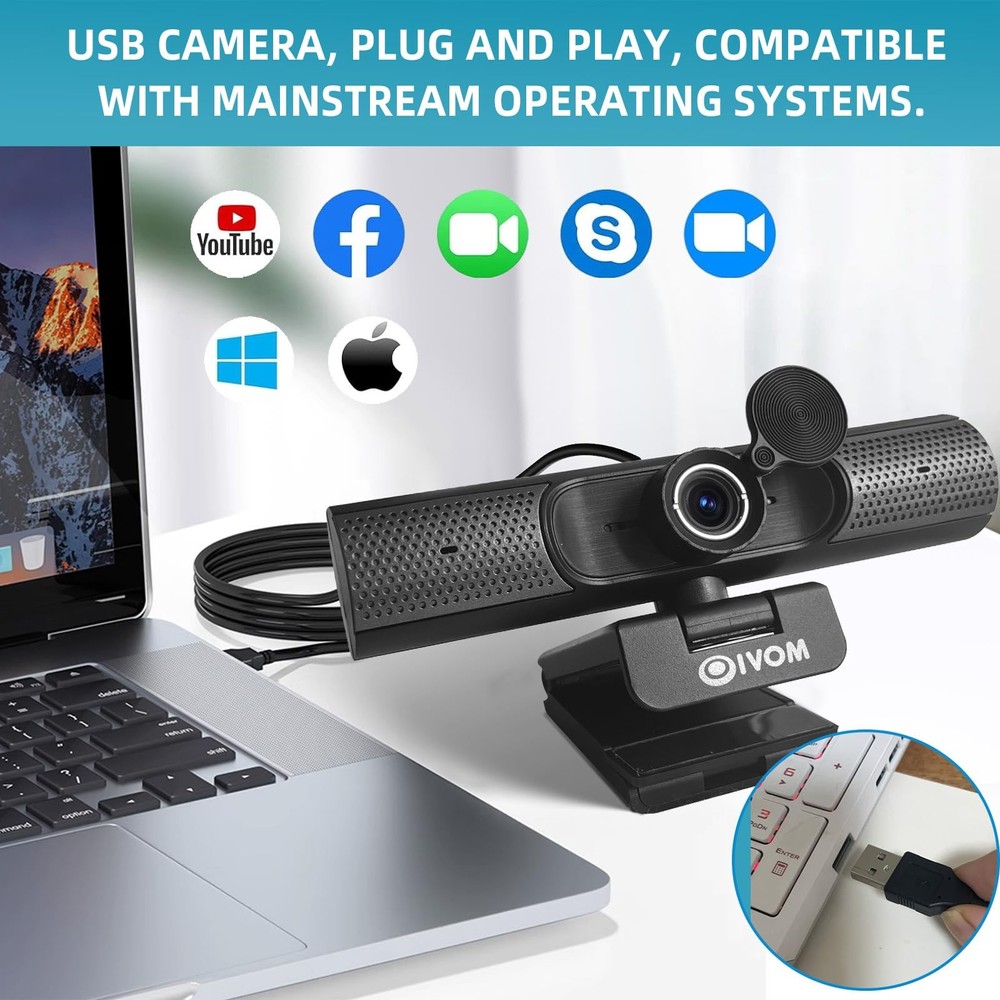 Webcam with Microphone and Speaker, 1080P Web Camera for Desktop Computer Lap...