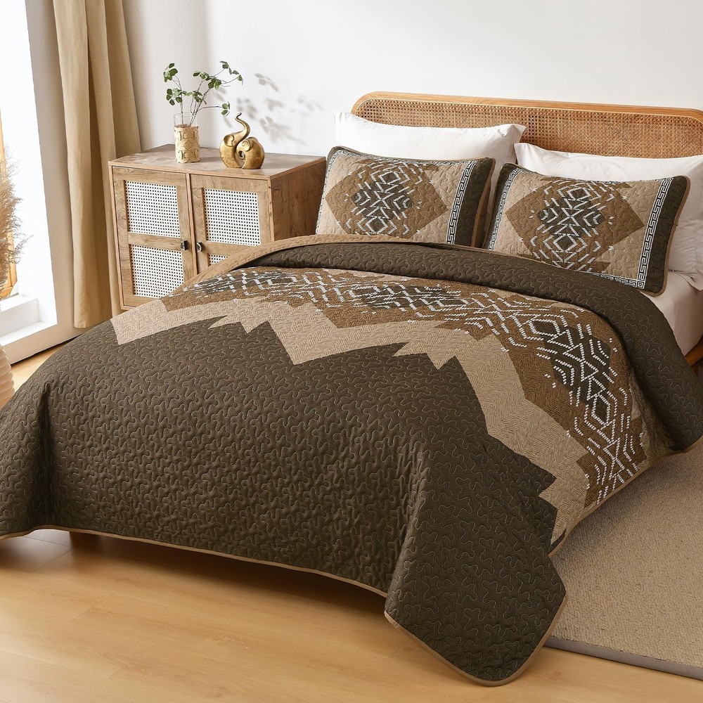 Dintszyayue Brown Quilt Set Queen Size,3 Piece Boho Aztec Texture Bedspread C...