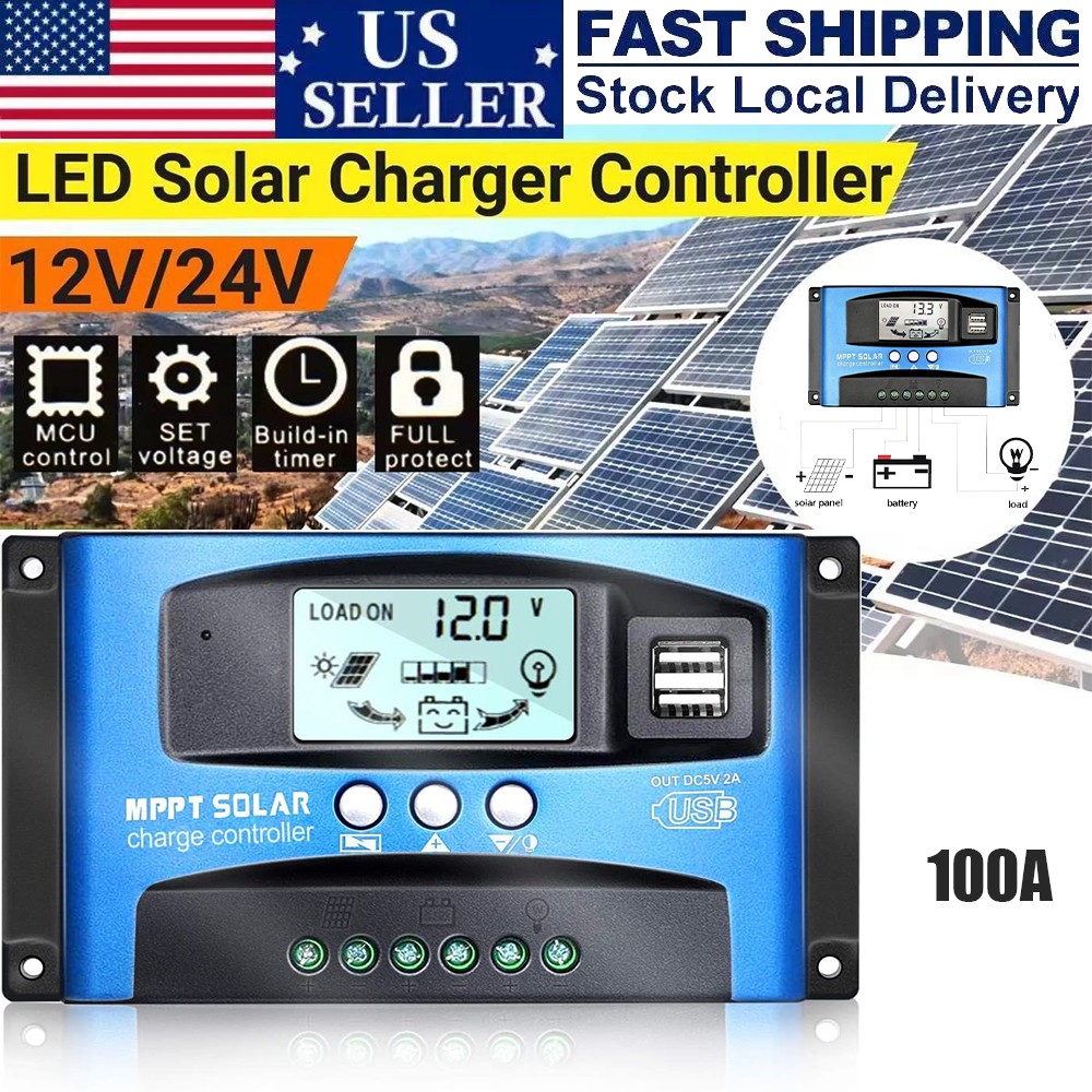 100A Solar Panel Battery Charge Controller 12V/24V LCD Regulator Auto Dual USB