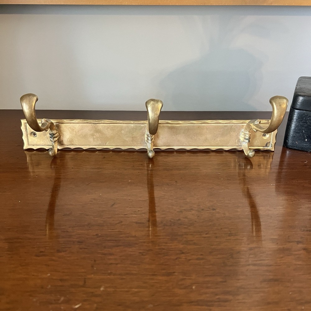 Vintage Solid Brass Wall Coat Rack 3 Hook Hat Rack Hammered Brass 15 Inch