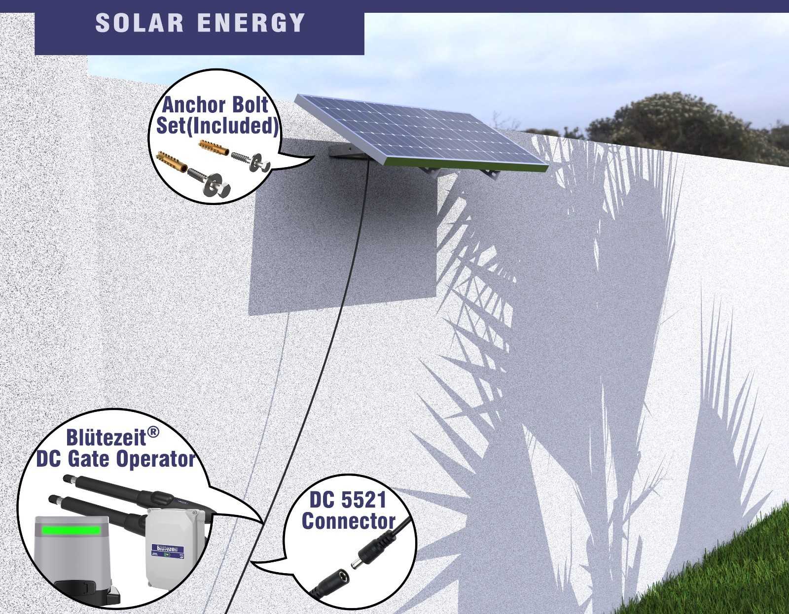 Blütezeit Chain Sliding Gate Opener 1400LB w/25W Solar Panel/WiFi/Battery Backup