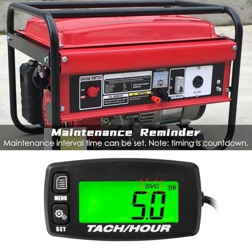 Digital Tachometer Hour Meter - Waterproof, Backlit, Inductive, Battery Replacea