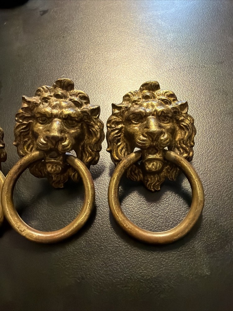 Antique Vintage Solid Brass Lions Lion's Head Knob Pull Drop Handle