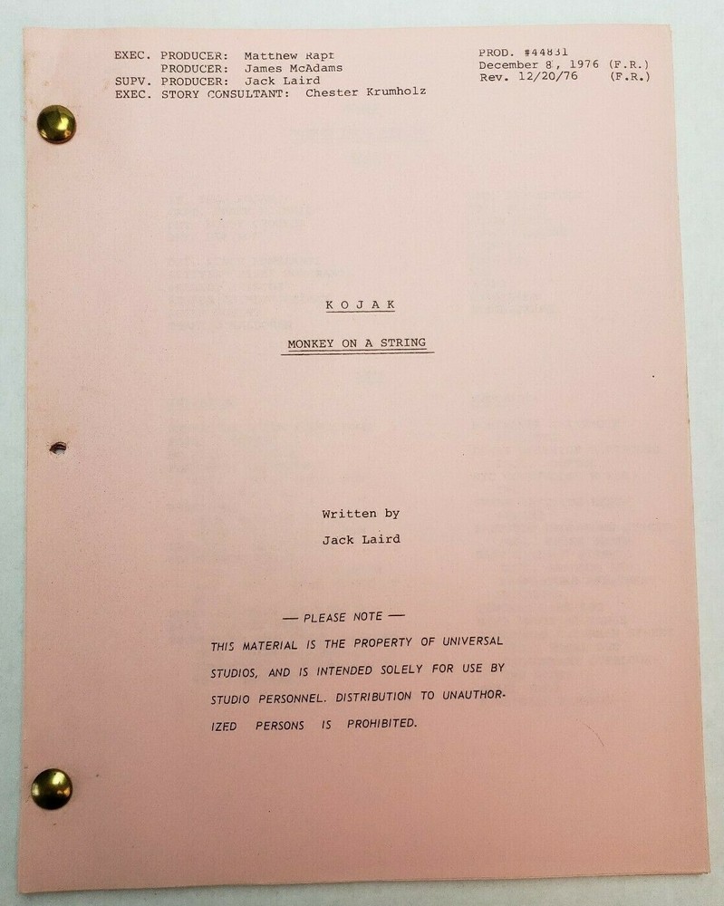 KOJAK / Jack Laird 1974 TV Script Telly Savalas, crime boss "Monkey on a String"