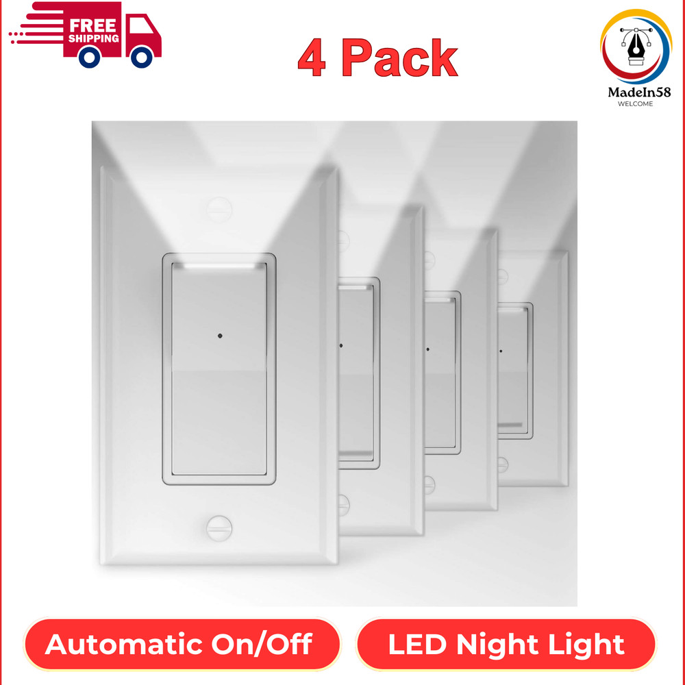 4 Pack Illuminated Light Switch, Lightswitch W LED Night Light, Automatic On/Off