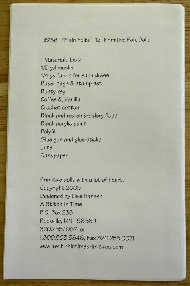 A Stitch In Time 12” Primitive Folk Dolls Pattern PLAIN FOLKS #258