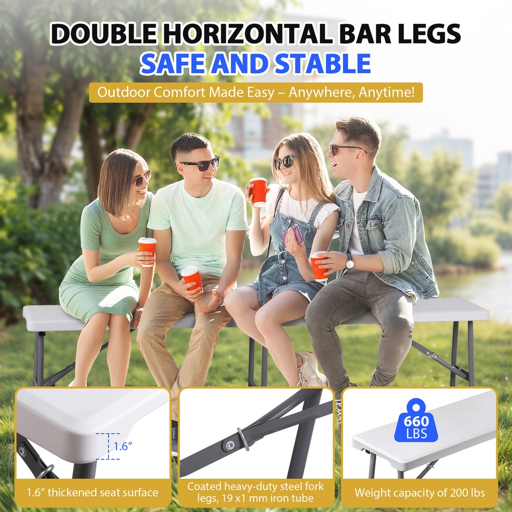 2X 6FT Plastic Foldtable Bench w/ Handles Outdoor Portable Stackable Bench Party