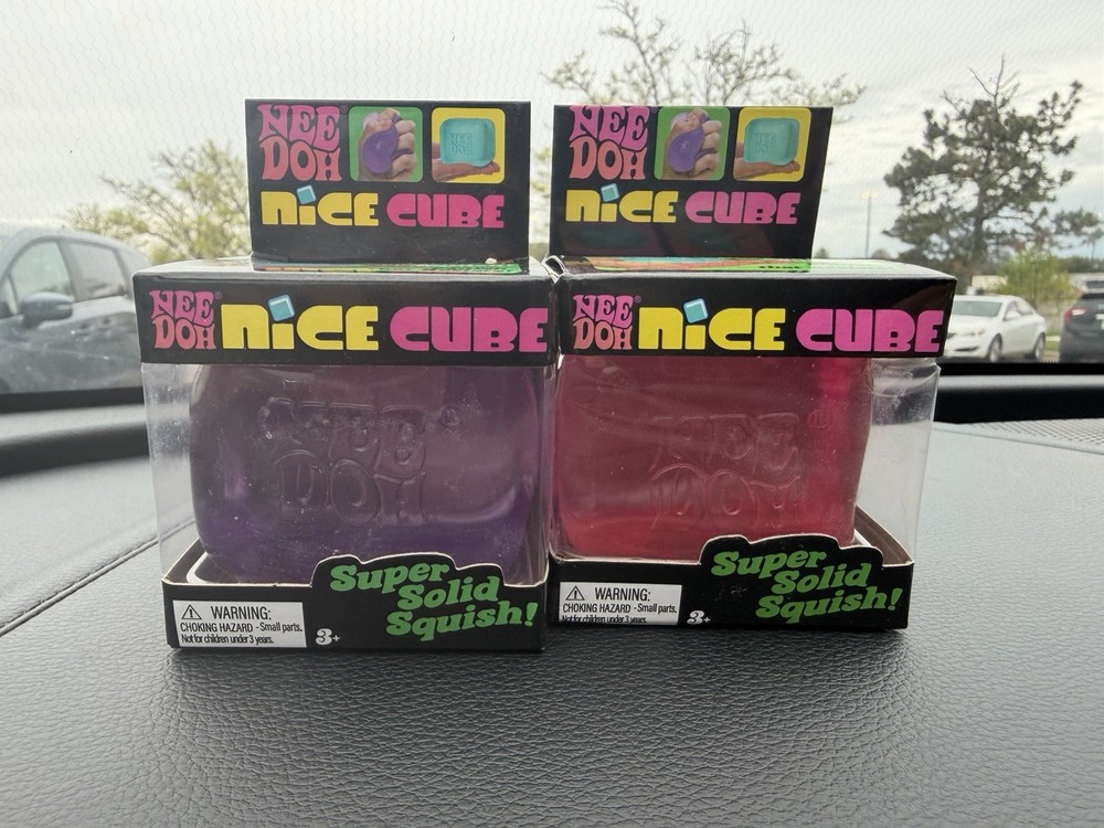 Two  Nee Doh Nice Cube Super Solid Squish Tactile Squeeze Toy Purple Pink
