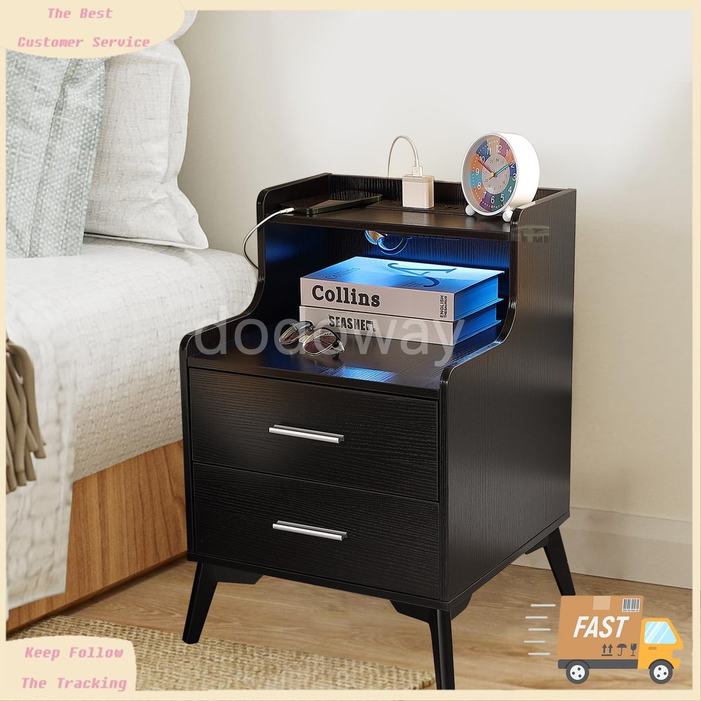 2 Set Black Bedside Table Nightstand End Side Table With USB Charging Station