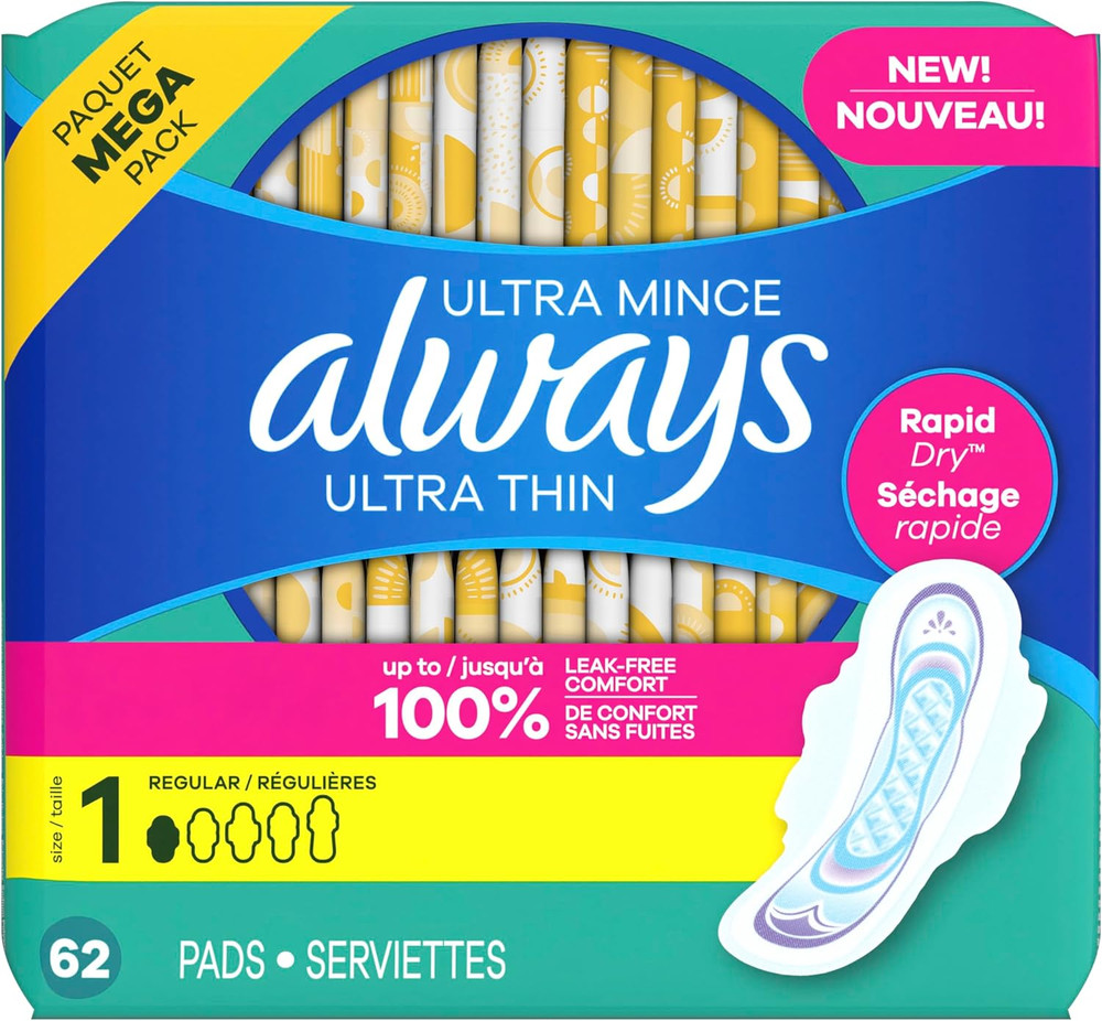 Ultra Thin Pads with Wings, Size 1, Regular, 62 Count