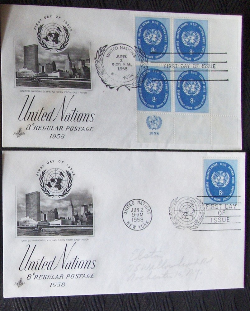 United Nations 2  different FDC  8¢ REGULAR POSTAGE, NY 1958.