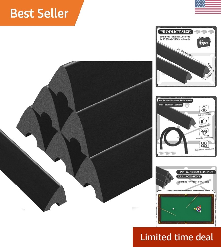 Upgrade Your Game: 6-Pack Black Rubber Pool Table Cushions - Easy Install