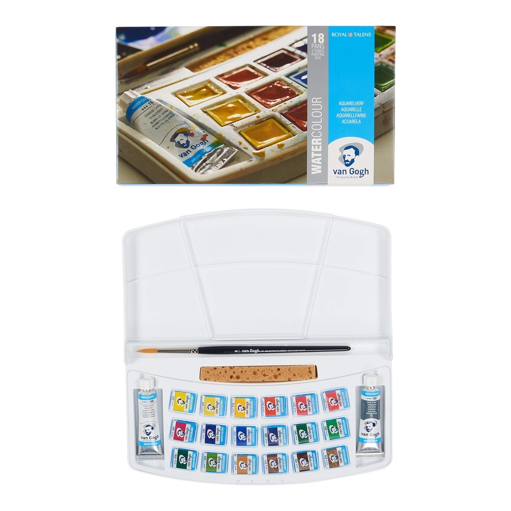 Van Gogh Watercolor Paint Set, Plastic Pocketbox, 18-Half Pan + 2x10ml