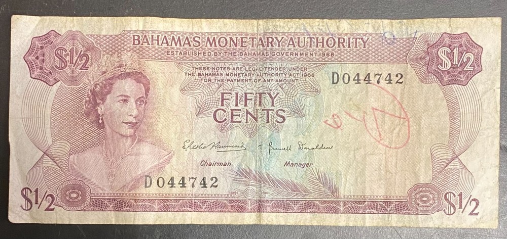 Bahamas 1968 Fifty Cent Banknote