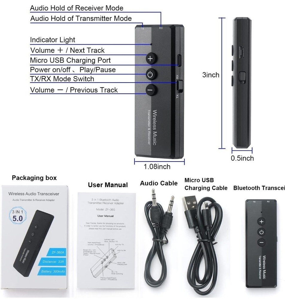 3 in 1 Wireless Audio Transmitter / Transceiver and Adapter 5.0 ZF-360A