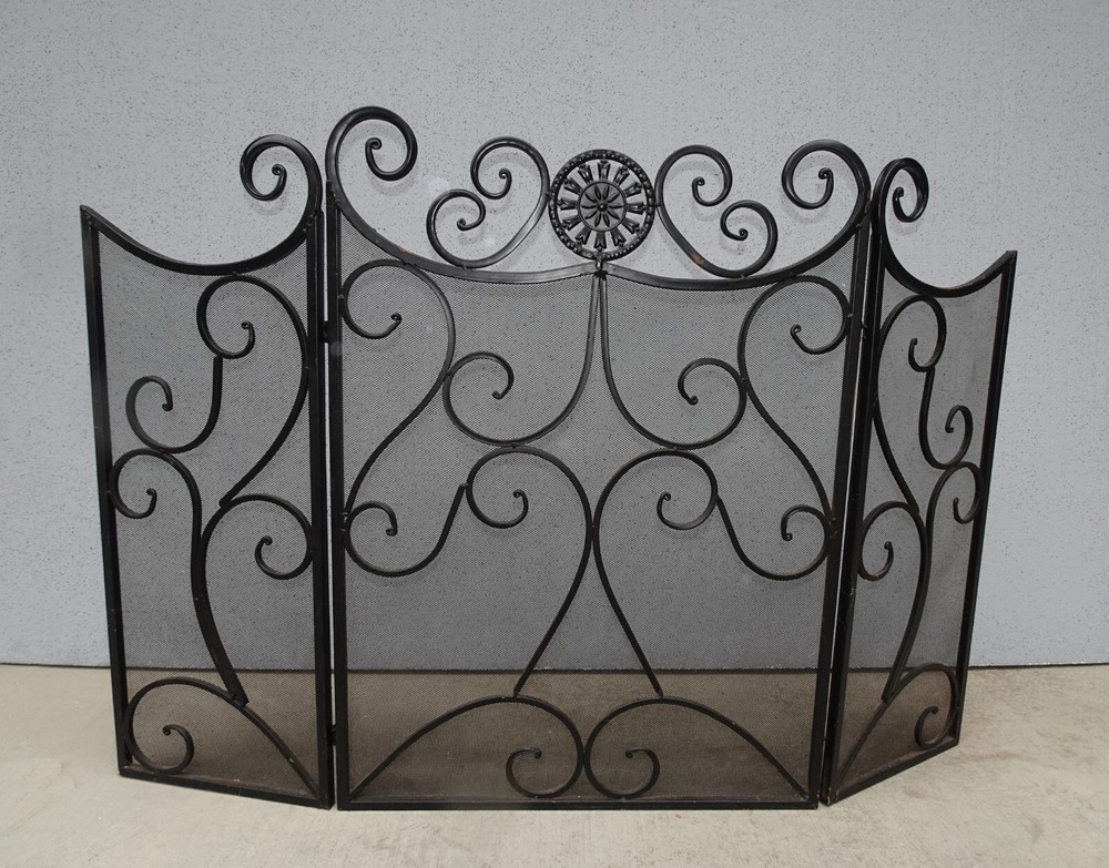 Vintage Tri-Fold Three Panel Black Metal Fireplace Screen