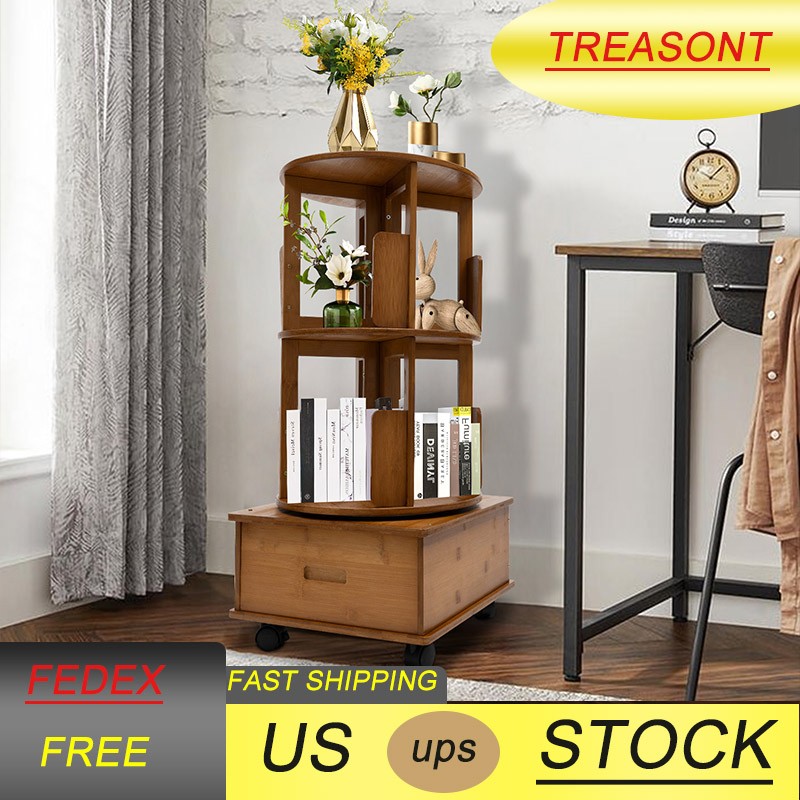Rotating Bookshelf Swivel Storage Table Bookcase Side Table with Rolling Wheels