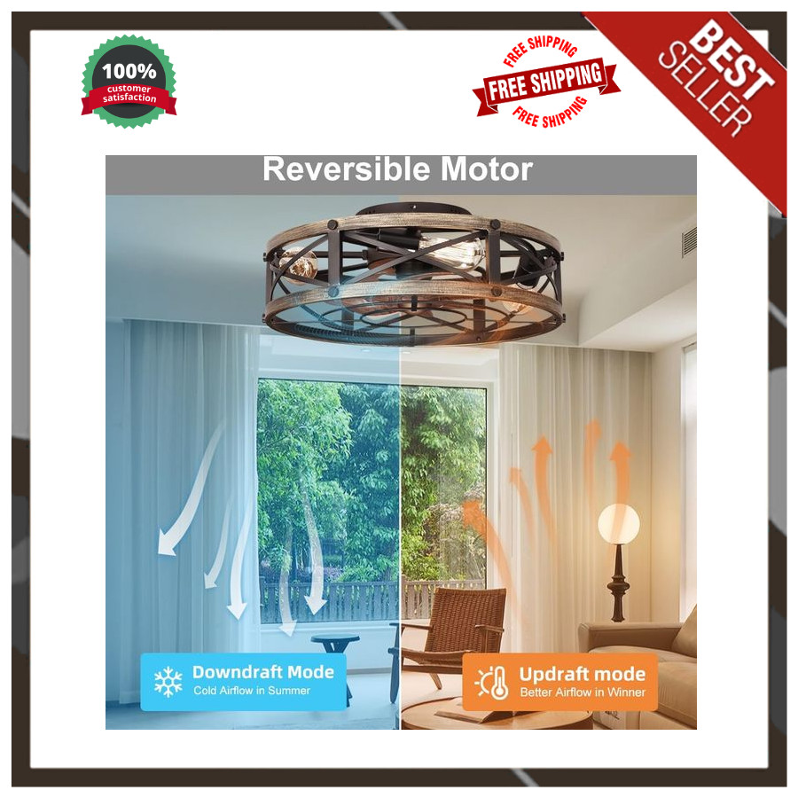 Rustic 19" Ceiling Fan with Light and Remote, 6 Speeds, Farmhouse Flush Mount