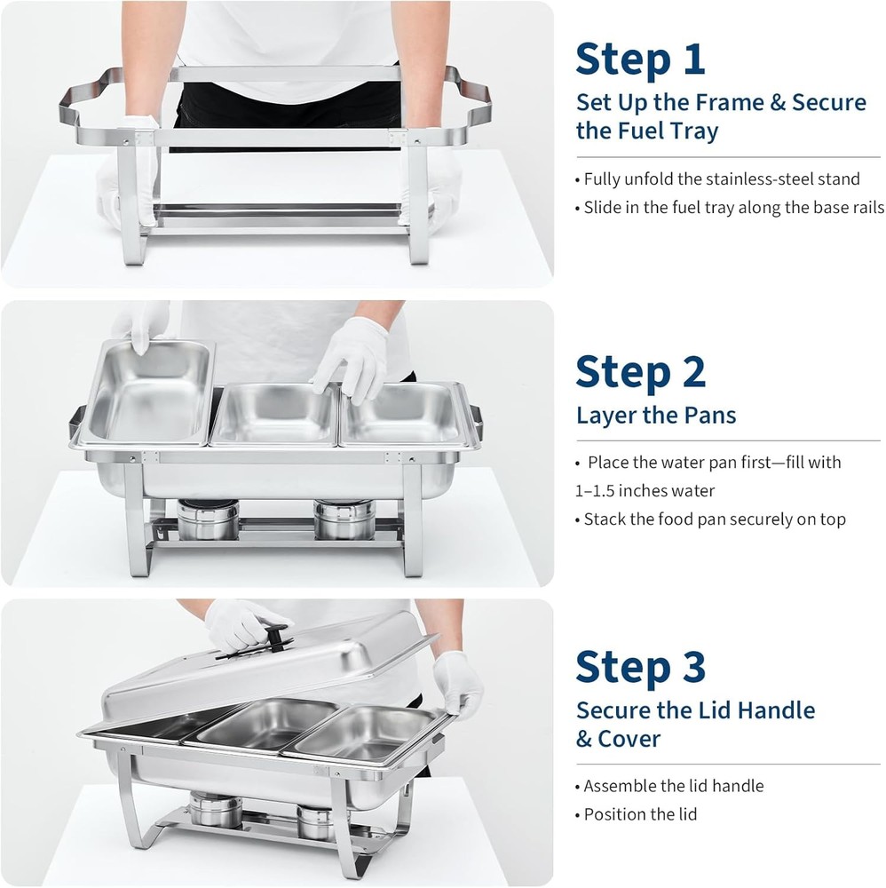 4-Pack 3-Well Chafing Dish Buffet Set, Stainless Steel Rectangular Chafing Dish