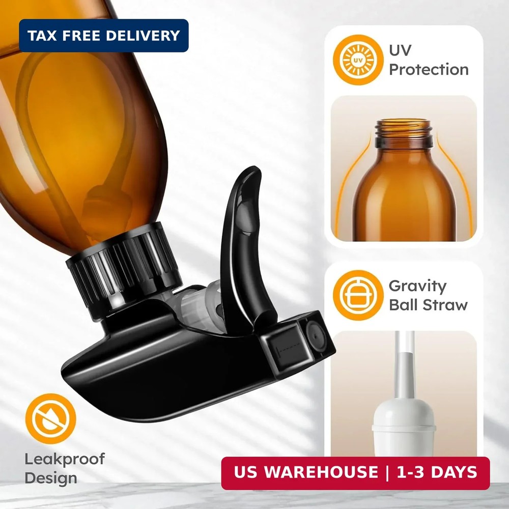 Tecohouse 360° 4 OZ Amber Glass Spray Bottles, 2 Pack Empty Refillable Container