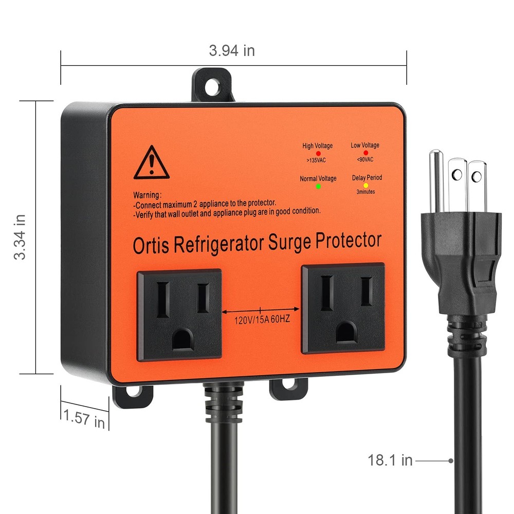 Double Outlet Refrigerator Surge Protector - Time Delay & Voltage Spike Prote...