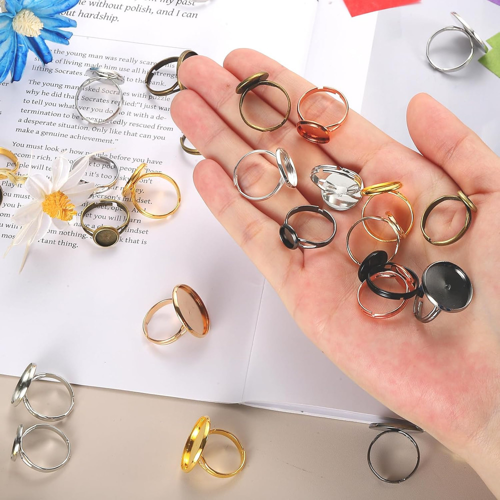 40Pcs Metal Ring Base Blank, 14Mm Adjustable Pad Cabochon Ring Blank Base Flat B