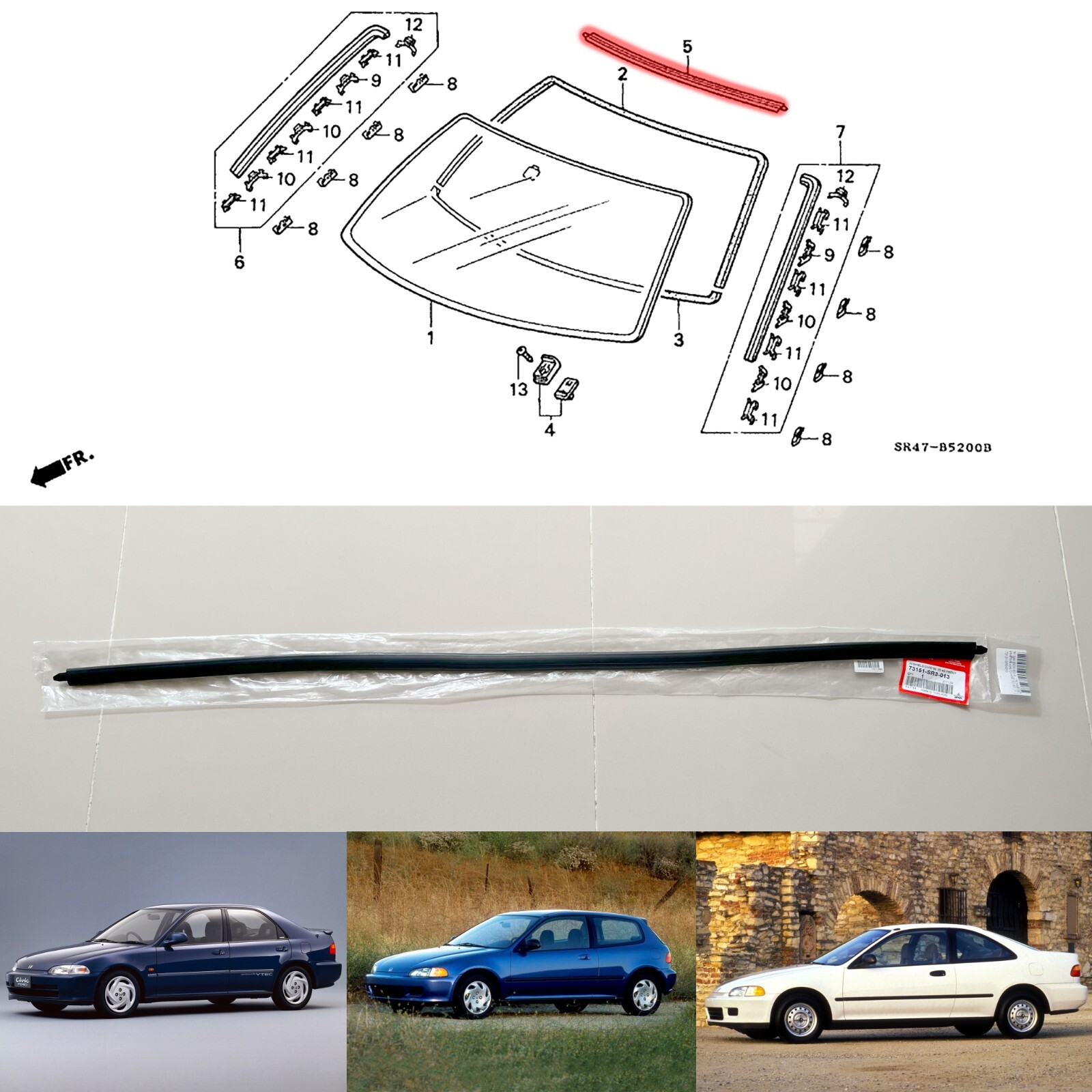 92-95 for Honda Civic EG upper front windshield molding weatherstrip rubber seal
