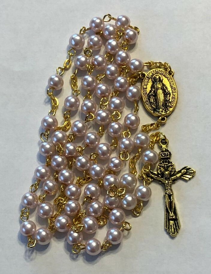 Traditional Miraculous Center Light Pale Pink Glass Pearl Catholic Rosary Beads