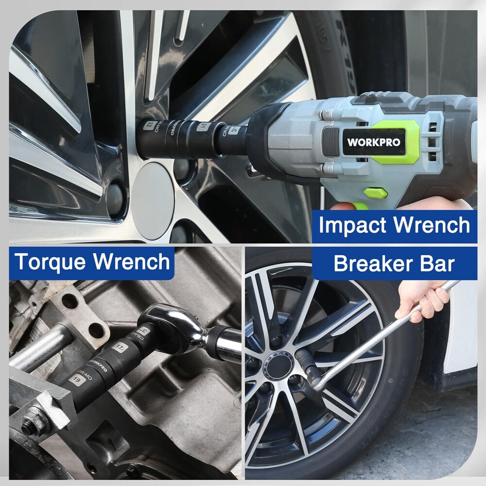 WORKPRO 5PC 1/2" Dr Impact Socket Set Lug Nut Wheel 3" Extension Bar Flip Socket