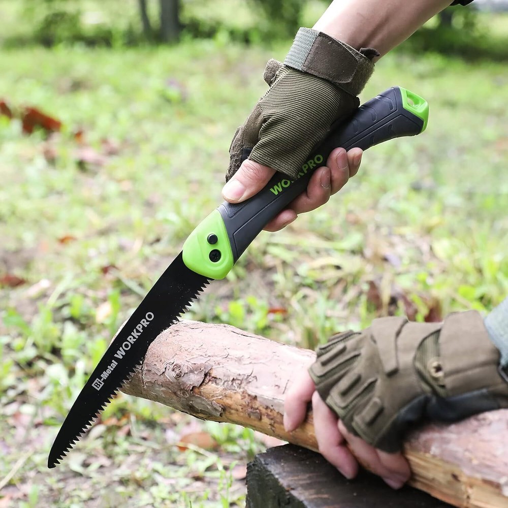 WORKPRO Folding Saw 18cm Three-sided Teeth Elastomer Resin Grip & Safety Button