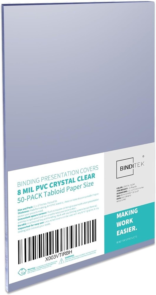 50 Pack 11x17 PVC Binding Covers, Clear, Square Corners