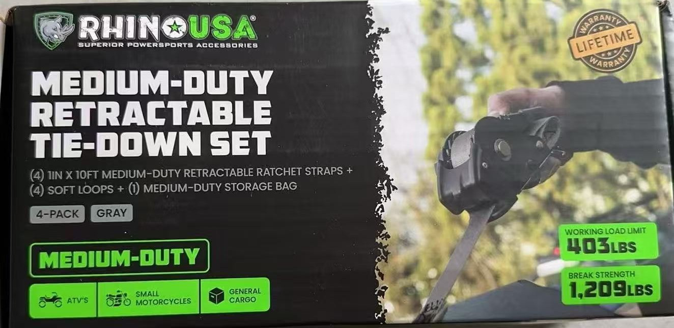Rhino USA Retractable Ratchet Straps (4-Pack) 1 Inch x 10 Feet 1209lb Break Grey