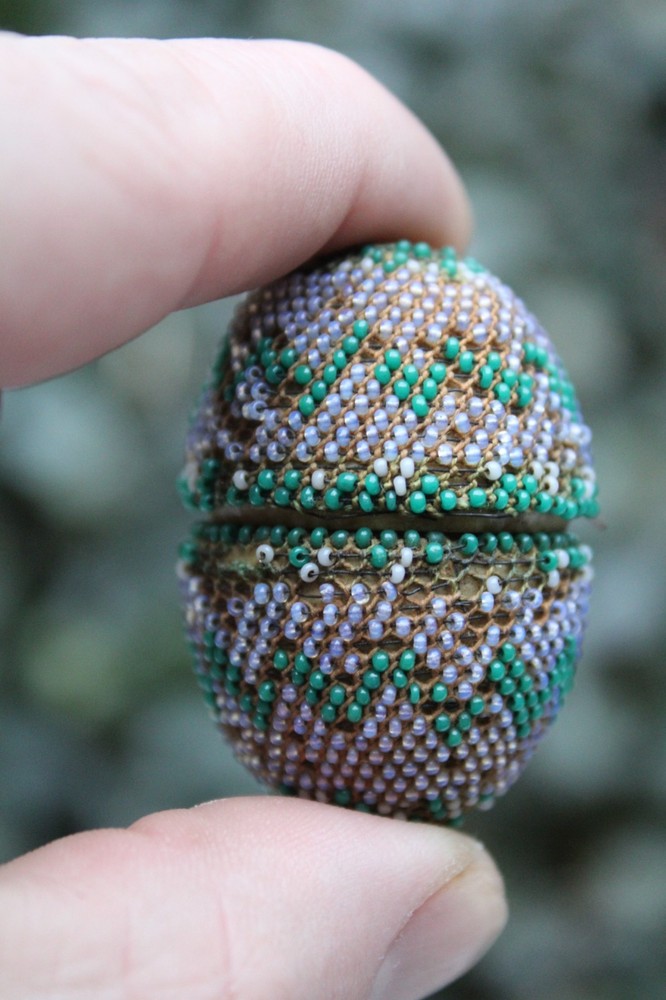 Antique 19th Century English Beaded Easter Egg Thimble Case w/ Sterling Thimble
