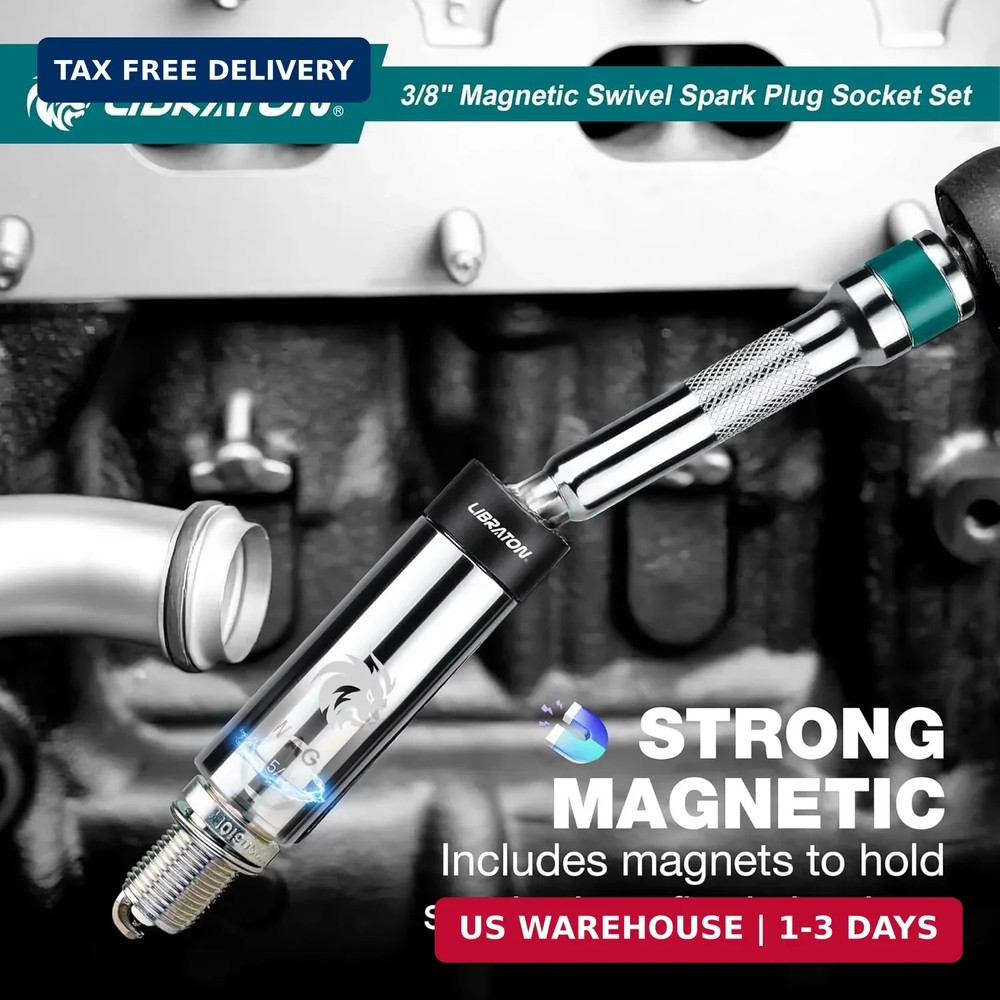 LIBRATON 8PCS 3/8"Dr. Magnetic Spark Plug Socket Set, Include Gapper & Extension
