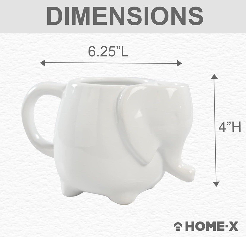 HOME-X WHITE ELEPHANT CERAMIC MUG WITH TEA BAG HOLDER 16 Oz 6”x4”x3”