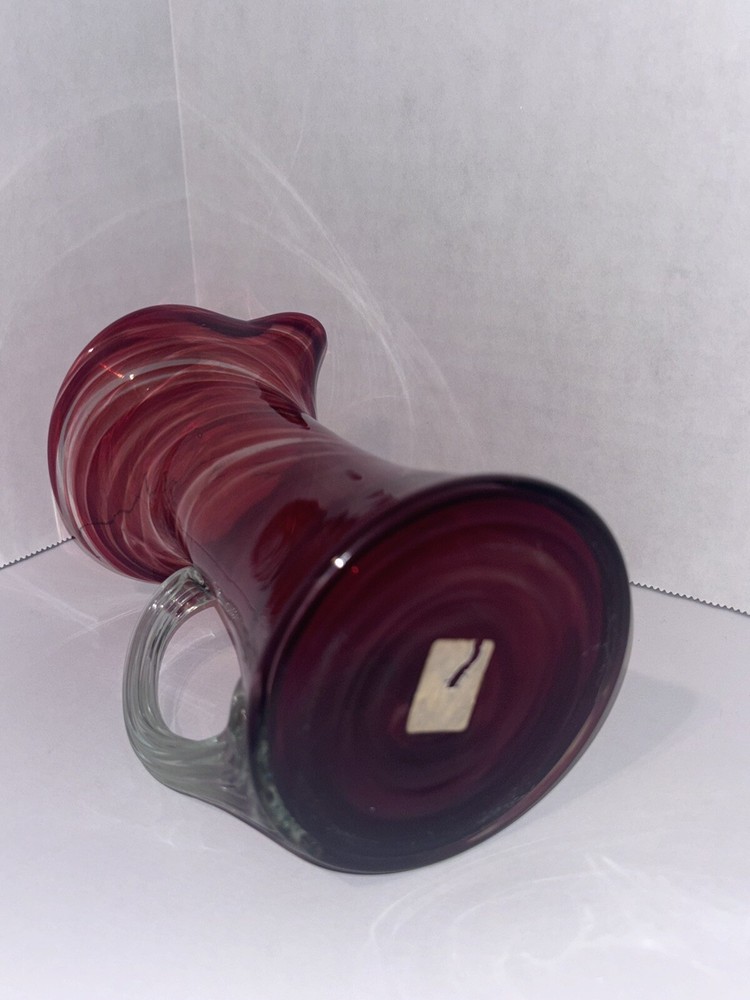 Hand blown Glass Ruby Red Pitcher Applied Ribbed Clear Glass Handle