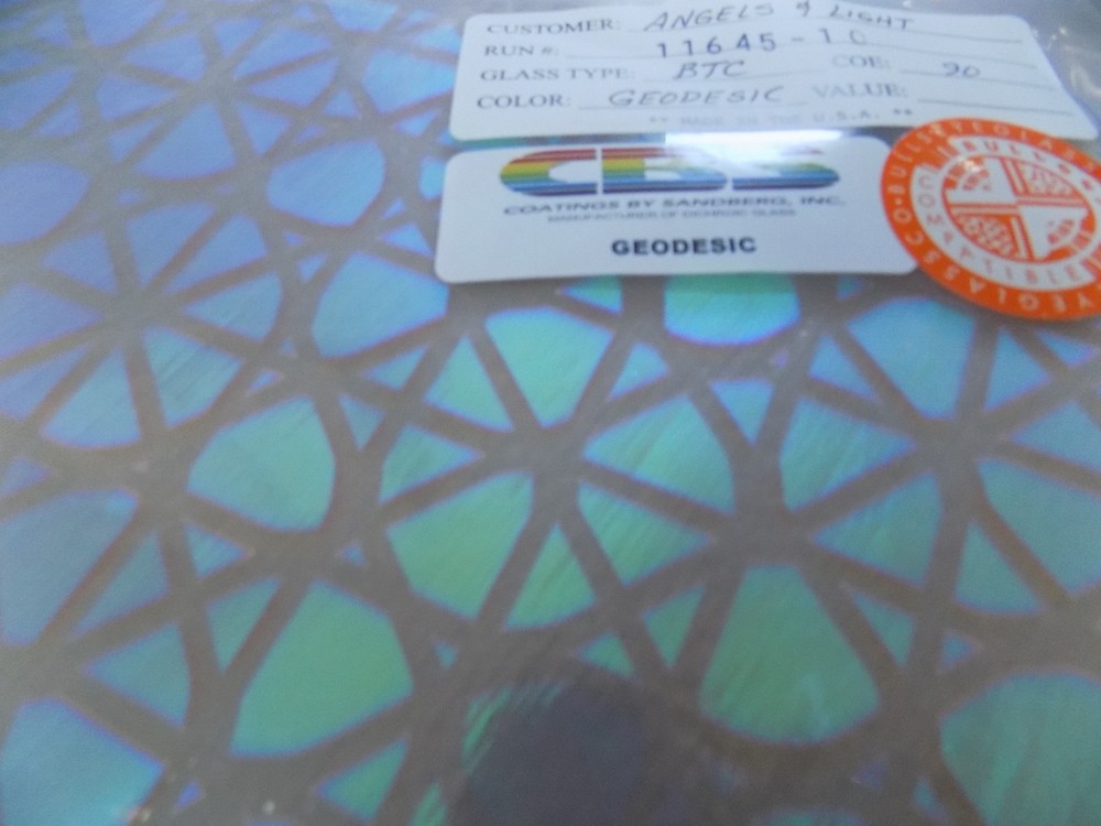 Dichroic Glass:CBS 90 COE Geodesic Pattern on Rainbow Flat Clear - 3"Sq