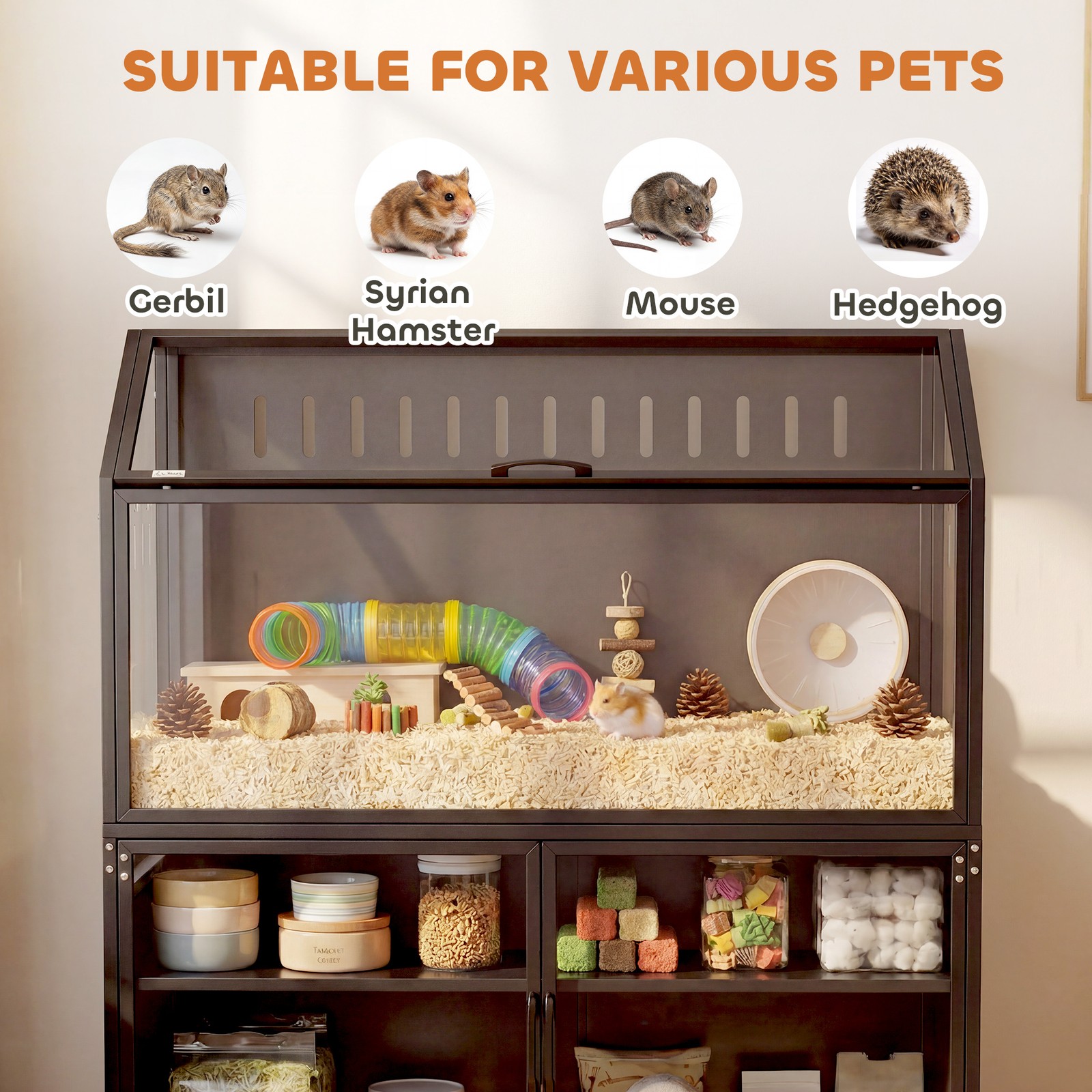 Hamster Cage with Storage Cabinet, Small Animal Cage with Acrylic Panels