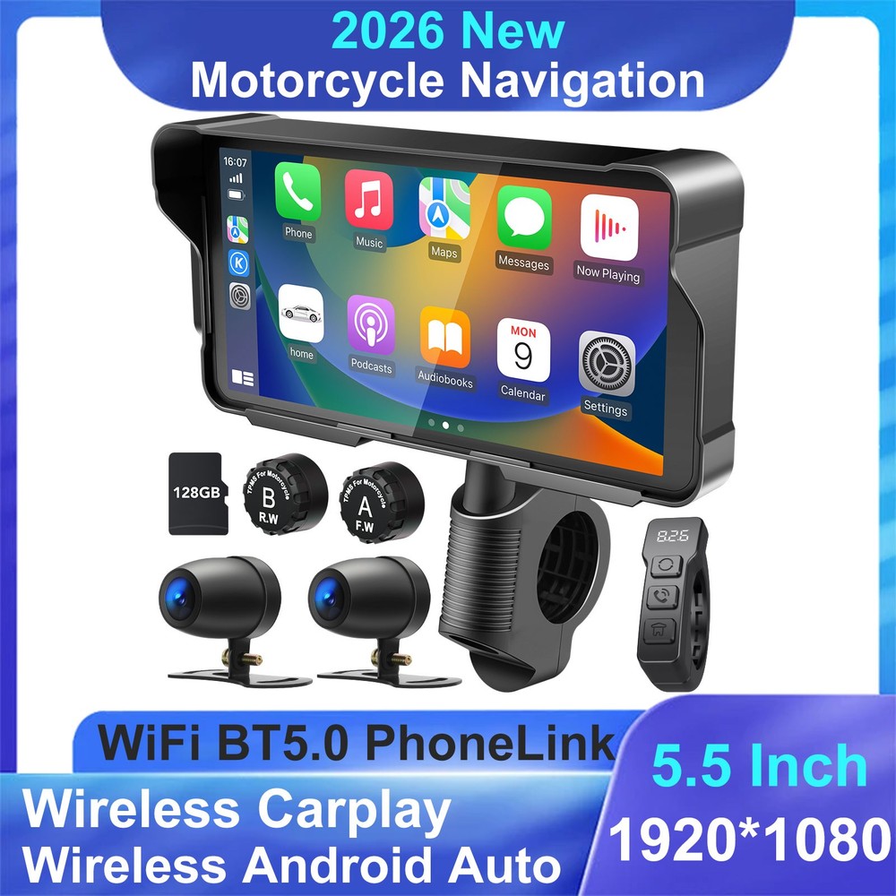 Motorcycle Carplay Unit 5.5" Wireless Android Auto Dash Cam TPMS GPS Dual Camera
