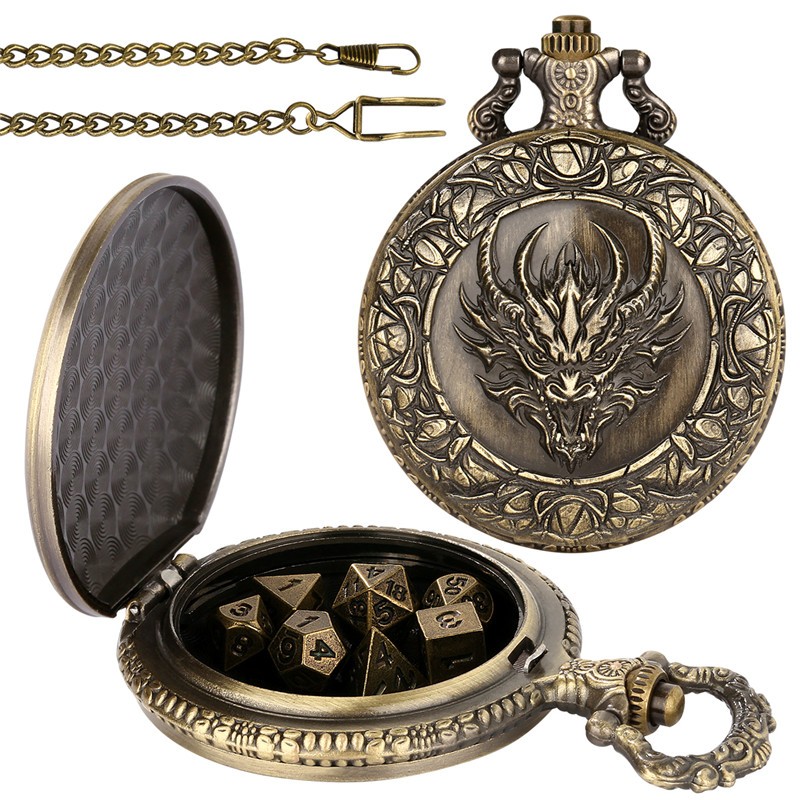 7pcs Solid Metal Polyhedral DND Dice D4-D20 in Dragon Engraved Pocket Watch Case