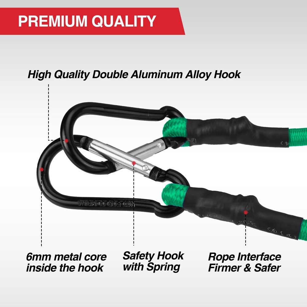 WORKPRO 24 Inch Bungee Cords with Hooks, 4 Pack Superior Rubber Heavy Duty Green