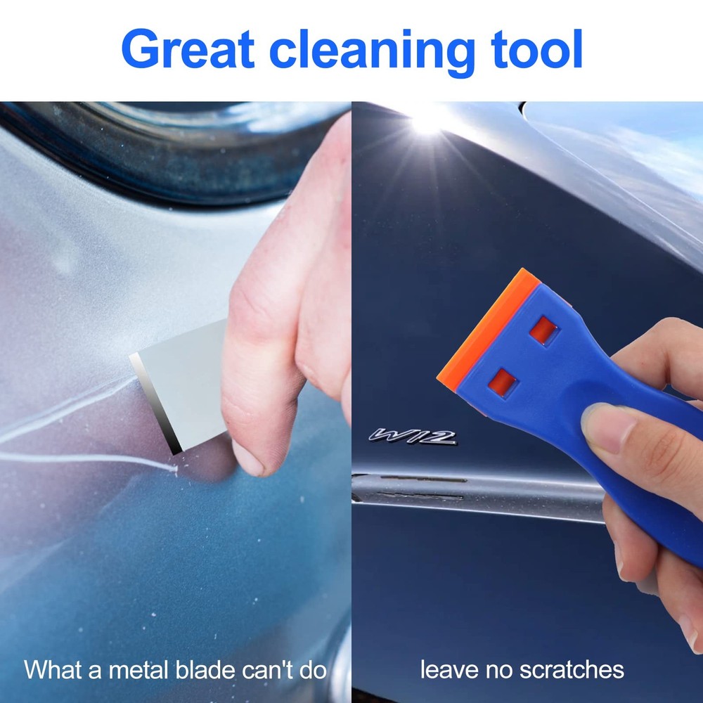 4 Pcs Plastic Razor Blade Scraper and 100 Blades, Remove Label Decal Blue