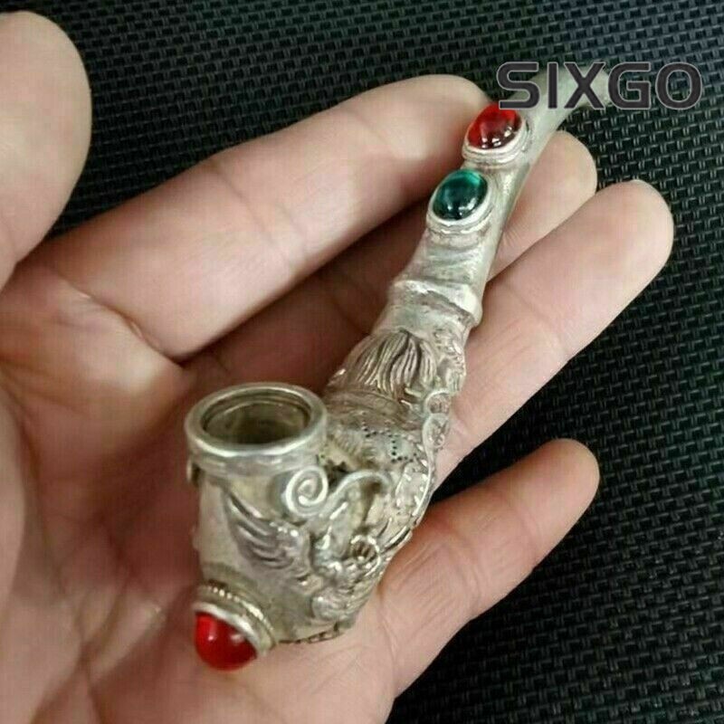 Old Chinese tibet silver hand-carved Dragon phoenix inlay gem pipe Smoking tools